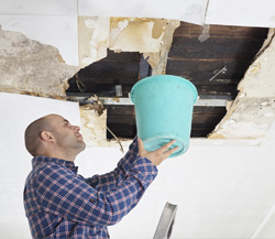 Man holding a bucket up to a damaged roof with a leak